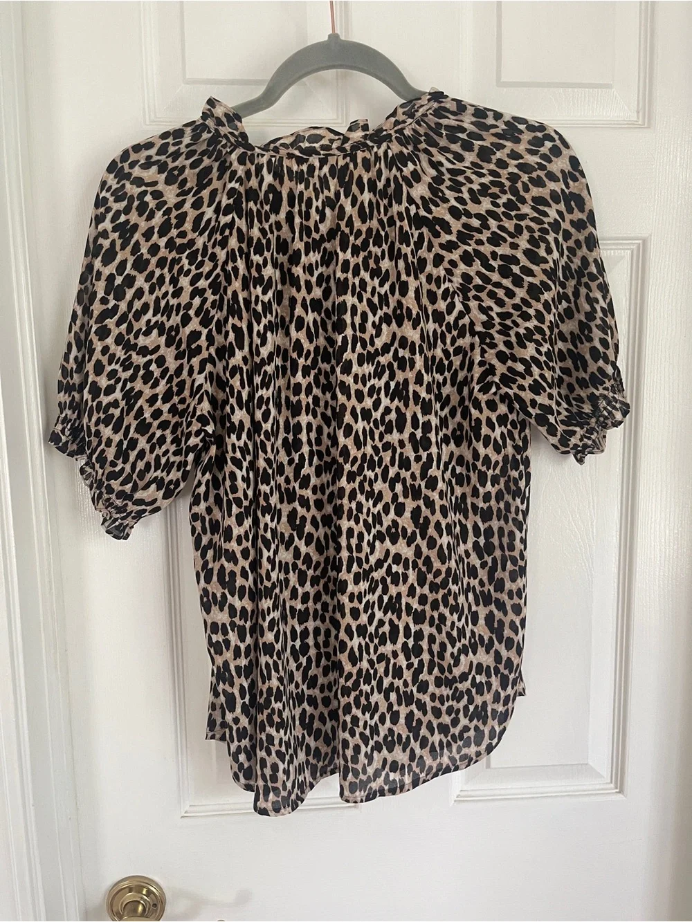 LOFT Leopard-Print Tie-Neck Puff Sleeve Blouse in Tan and Black